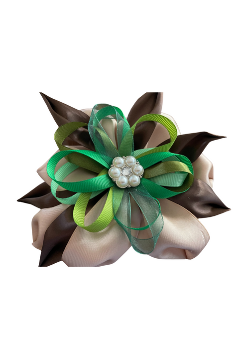Brown beige and green brooch with pearl pendant