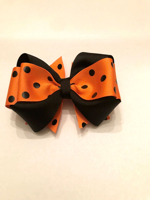 "LADY BUG" BLACK POLKA DOT ON ORANGE SOLID RIBBON HAIR BOW HAIR BARRETTE CLIP ACCESSORY