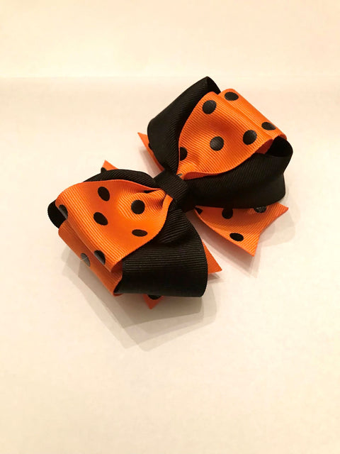 "LADY BUG" BLACK POLKA DOT ON ORANGE SOLID RIBBON HAIR BOW HAIR BARRETTE CLIP ACCESSORY