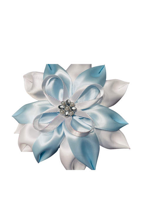 Powder blue and white flower brooch with rhinestone pendant